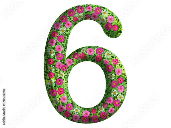 Fototapeta 3d of the number 6 is made of green grass and beautiful flower isolated on transparent background. Go green concept for Memorial Day template