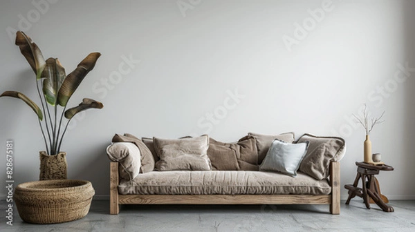 Fototapeta Modern interiors with minimalistic decoration and minimal furniture. Interior design composition with natural window lighting and copyspace for text