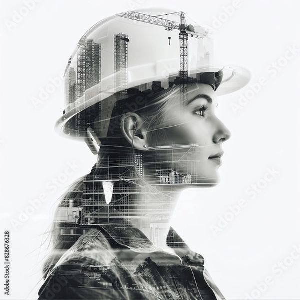 Obraz Woman in hardhat with construction blueprint overlay, representing female empowerment and engineering
