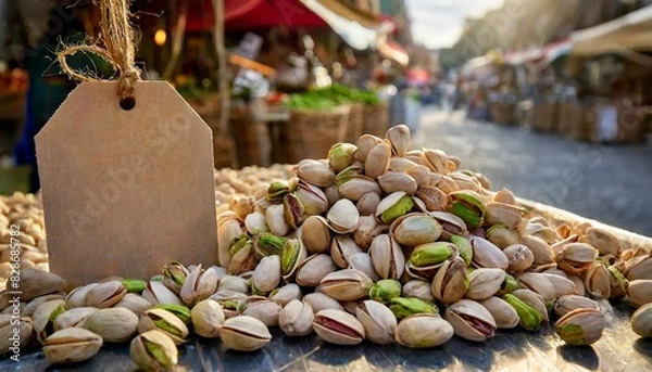 Fototapeta Pistachio with shell in bazaar with empty price banner