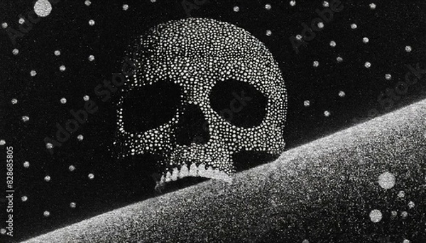 Fototapeta Black white skull in space (universe) with some planet. life or death in space