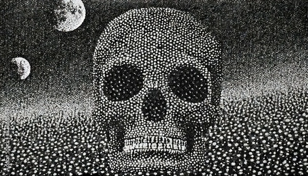 Fototapeta Black white skull in space (universe) with some planet. life or death in space