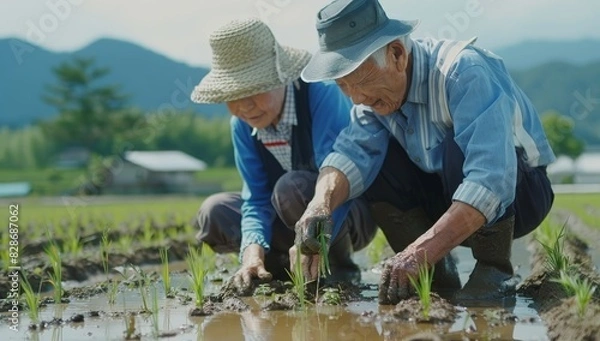 Fototapeta An elderly couple works together in a rice paddy field, planting seedlings in the mud.