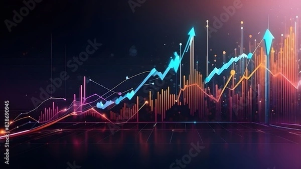 Fototapeta Digital transformation abstract technology background with a futuristic rise arrow chart. Large data, company expansion, currency stock, and investment