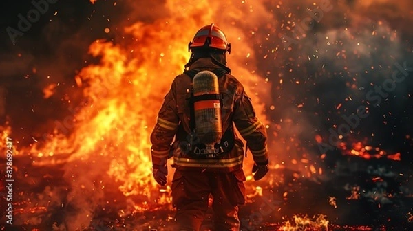 Fototapeta Rear view of a firefighter in full gear, standing heroically amidst a blazing inferno, photorealistic details in high contrast lighting, embers floating in the air, vibrant colors