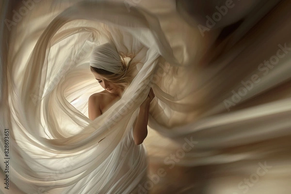 Obraz Woman's body wrapped in a flowing fabric, highlighting her natural shape and movement, with a soft, blurred background creating a dreamy effect