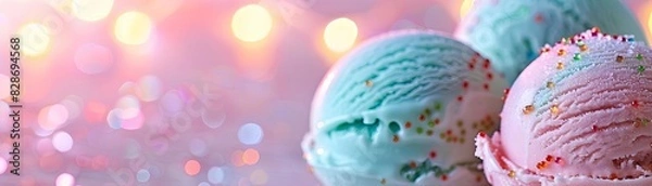 Fototapeta Colorful ice cream scoops with sprinkles and bokeh lights in the background create a delightful and sweet dessert scene.