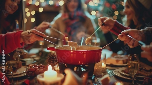 Fototapeta Friends enjoying a festive fondue dinner with warm lighting and a cozy atmosphere.