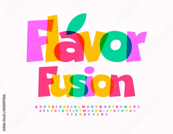 Fototapeta Vector advertising label Flavor Fusion. Funny Colorful Font. Bright Alphabet Letters and Numbers set. 