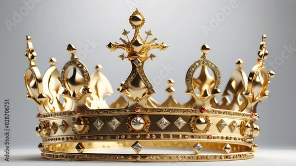 Fototapeta Golden crown, raised, opulent, massive, playful, many details, tapering, medieval, against a white background, Generative AI