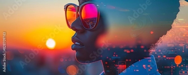 Fototapeta Safety engineer at sunset, close up, focus on, vibrant shades, double exposure silhouette with safety protocols