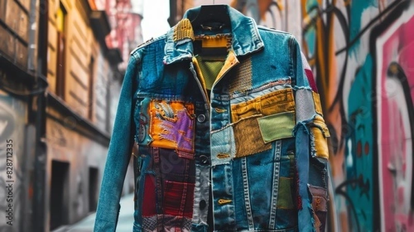 Fototapeta A patchwork denim jacket with a variety of colors and patterns, hanging in an urban alleyway.