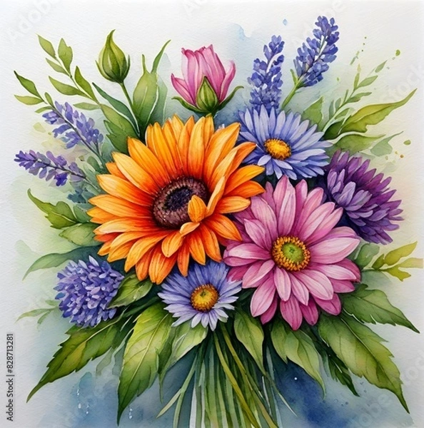 Fototapeta A vibrant bouquet of colorful flowers like chrysanthemums and asters brings a touch of summer beauty watercolor-style Generative AI