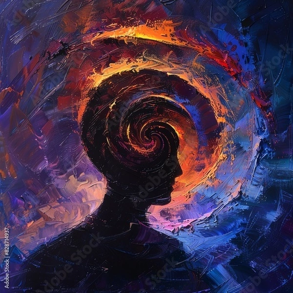 Obraz Abstract painting of a silhouette with a colorful swirling vortex representing the mind. Vibrant and thought-provoking artwork.
