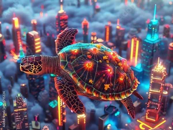 Obraz A giant, luminous sea turtle with glowing patterns on its shell hovers above a vibrant cityscape, creating a surreal dreamlike scene.