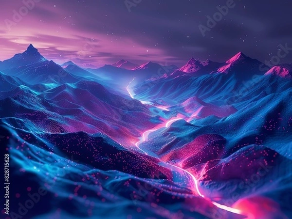 Obraz Dreamy neon landscape featuring glowing mountains and a winding river under a starry sky, evoking a sense of fantasy and serenity.