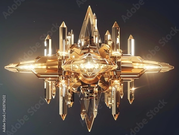 Fototapeta Futuristic geometric crystal formation with golden hues, illuminated against a dark background, showcasing intricate design and symmetry.