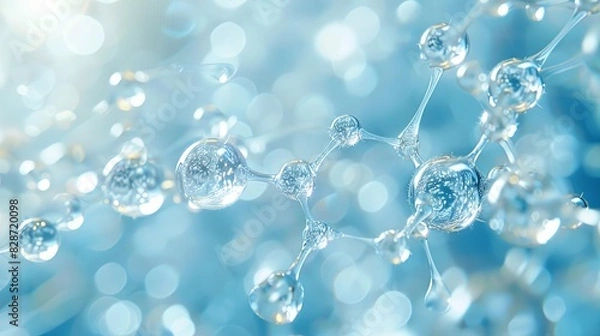 Obraz Create a 3D rendering of a water molecule. Make the water molecule look realistic. Use realistic lighting and textures. Show the water molecule in a blue background.