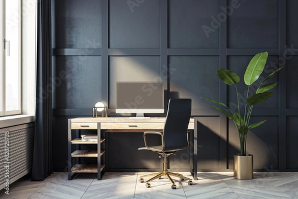 Obraz Modern office workspace with a computer on a desk, a chair, and a plant, against a dark wall, with natural lighting, concept of minimalism. 3D Rendering