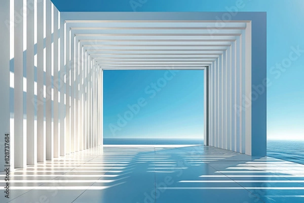 Fototapeta White Building on a blue sky backdrop.Modern concrete architecture.
