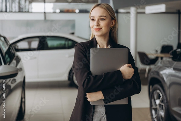 Obraz Pensive stylish businesswoman manager in suit holding laptop computer, standing near car at car dealership