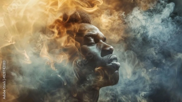 Fototapeta embered african american man emanating vigor amidst smoky tempest strength concept