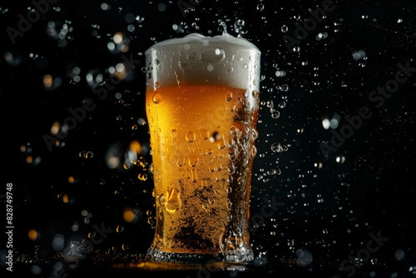 Fototapeta tall glass of beer on dark background with flying drops