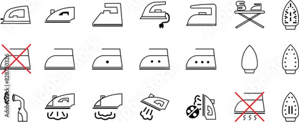 Fototapeta Set of Home appliance, Steam generator irons. Iron and No Iron fill icons. Line vectors for web sites or mobile app. Laundry items symbols editable stock collection isolated on transparent background.