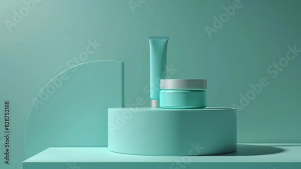 Fototapeta A green stand with three bottles of makeup on it