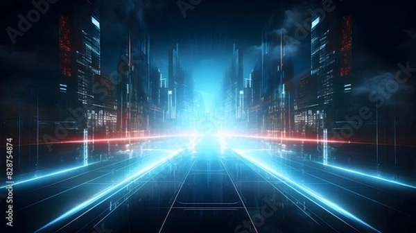 Fototapeta Futuristic cityscape background with glowing blue lines. High-tech skyscrapers. Generative AI.