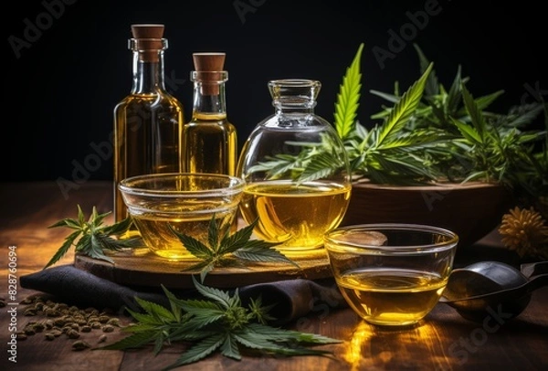 Obraz CBD Oil Bottles and Cannabis Leaves on Wooden Table