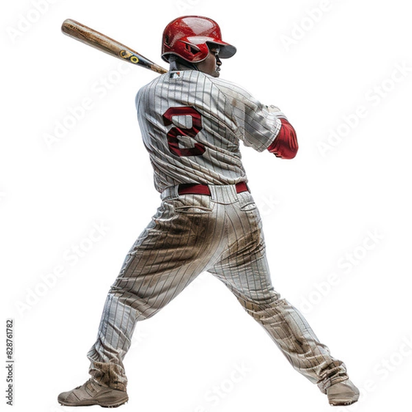 Fototapeta Action shot of the back and front of a baseball player athlete holding a bat against a white background, in a realistic photo