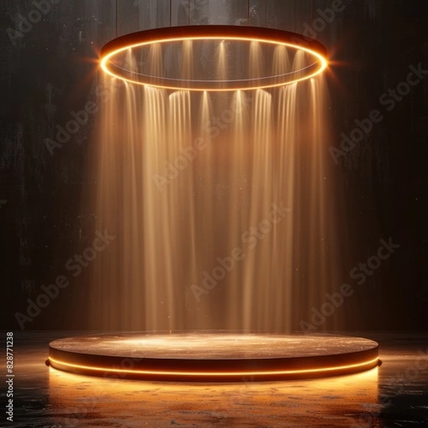 Fototapeta Golden cinematic podium with light highlights on a dark background, with empty space in the center for product display, circular. Presentation, promotion, showcase, stage, golden circle