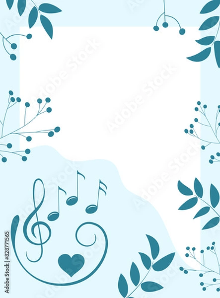 Fototapeta Musical decorative frame. Musical wave and leaves with berries on a blue background. Decorative colored frame with leaves and notes. Background for the certificate.