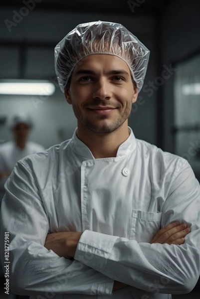 Obraz successful food factory man manager in sterile uniform with arms crossed smiling at the camera. hair net.