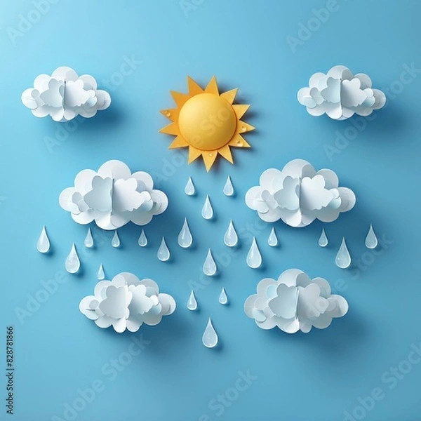 Obraz Simple weather icon, sun thunder and cloud with raindrops on plain background, simple shape, flat design, made of paper cut
