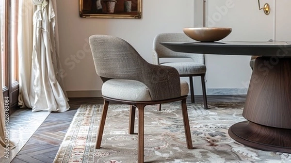 Fototapeta Modern dining chair with a wooden frame and fabric seat in a stylish dining room