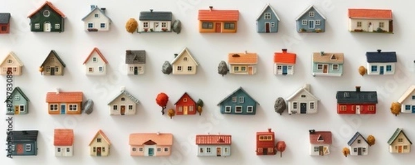 Fototapeta Small house models arranged in a pattern on white background, minimalistic design, isolated, copy space