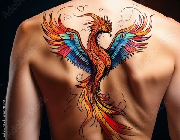 Fototapeta An intricate back tattoo of a mythical phoenix rising from flames, its feathers detailed 
