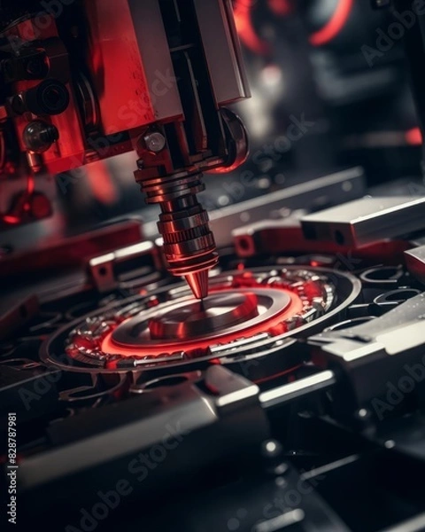 Obraz A closeup of sophisticated industrial equipment with a red laser in operation, showcasing the intricate details and technological prowess of modern machinery