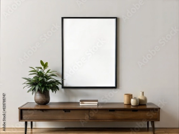 Fototapeta A wooden table with a vase of plants and a white framed picture on it