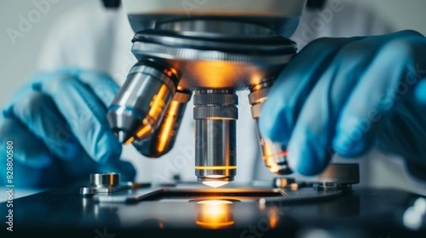 Fototapeta Lab science, microscope, and scientist's hands doing research, experiment, or test. Innovation, biotechnology, and female lab researcher with equipment.
