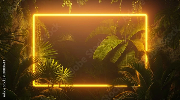 Fototapeta A golden glowing frame, surrounded by jungle foliage, against a dark background