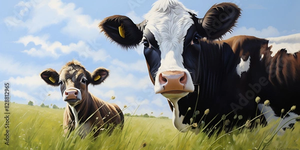 Obraz cow in the field, cow with her baby in the field of green grass under blue sky seeing on the camera, generative AI