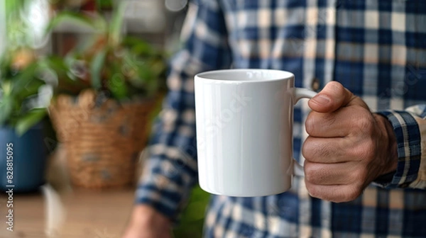 Obraz close up man holding mug print on demand plain 11oz coffee white mug, plain mug mockup office business background