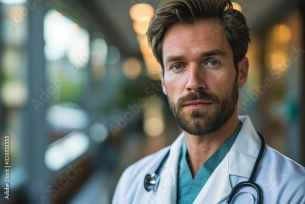 Fototapeta Doctor Man With Stethoscope In Hospital Background and blur background, AI-generated