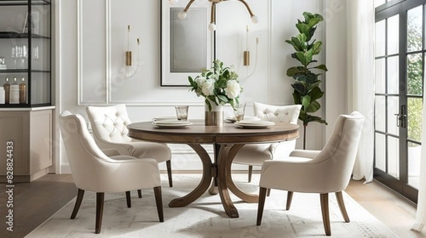 Fototapeta Stylish dining set with a round table and four chairs in a bright dining room