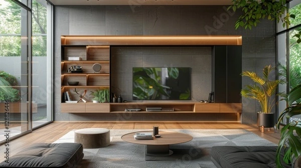 Fototapeta Stylish TV unit with drawers and shelves in a living room