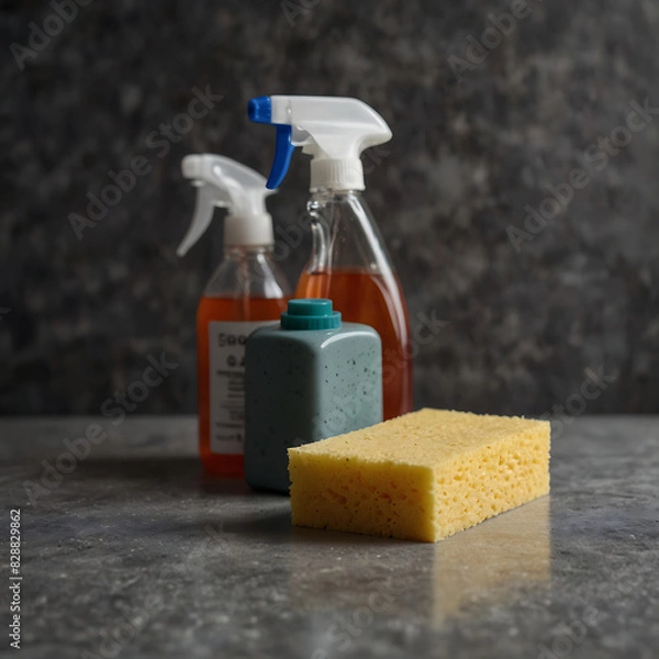 Obraz soap and sponge cleaning tools on mable 
