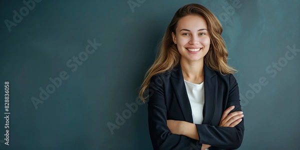 Fototapeta A smiling young businesswoman stands with her arms crossed in a dark suit in front of a contrasting background, radiating confidence and approachability in a professional setting.